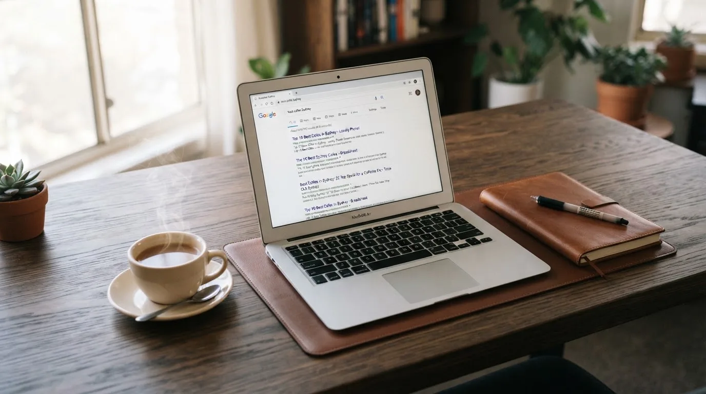 A tidy desk with a laptop open on a plain search-results page, a notebook and a coffee cup beside it, no screens showing any casino branding.