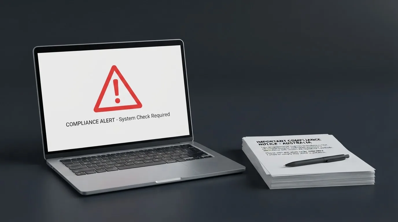 A red triangular warning sign icon on a laptop screen next to a stack of legal papers, symbolising an official caution rather than any specific website.