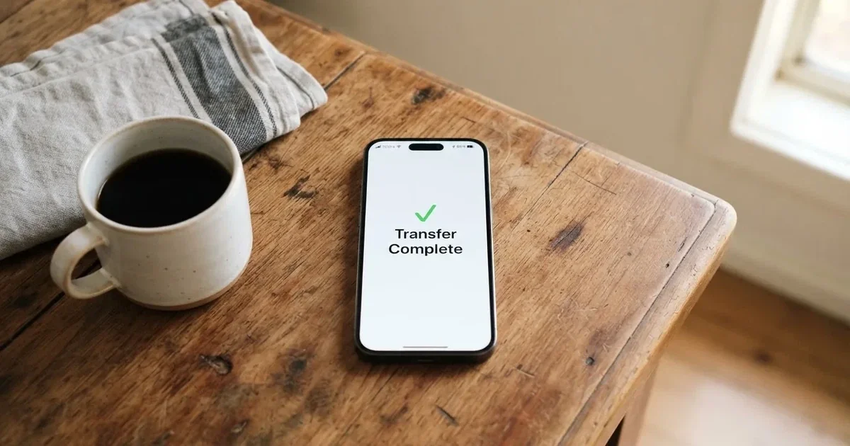 A smartphone screen showing a generic bank-transfer confirmation tick, held over a kitchen table.