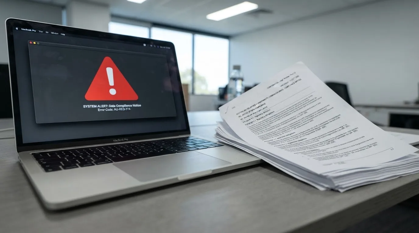 A red triangular warning sign icon on a laptop screen next to a stack of legal papers, symbolising an official caution rather than any specific website.
