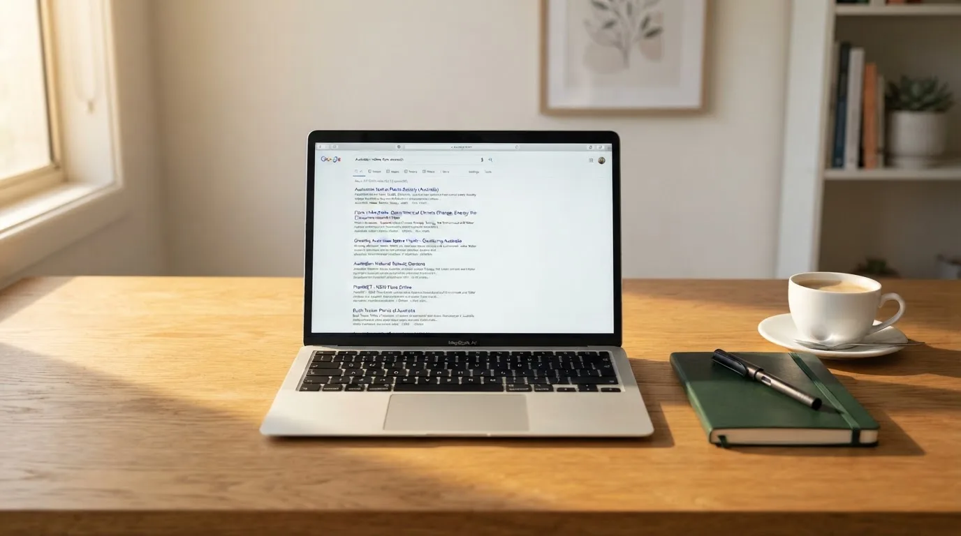 A tidy desk with a laptop open on a plain search-results page, a notebook and a coffee cup beside it, no screens showing any casino branding.