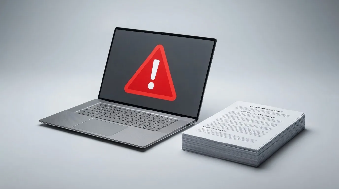 A red triangular warning sign icon on a laptop screen next to a stack of legal papers, symbolising an official caution rather than any specific website.