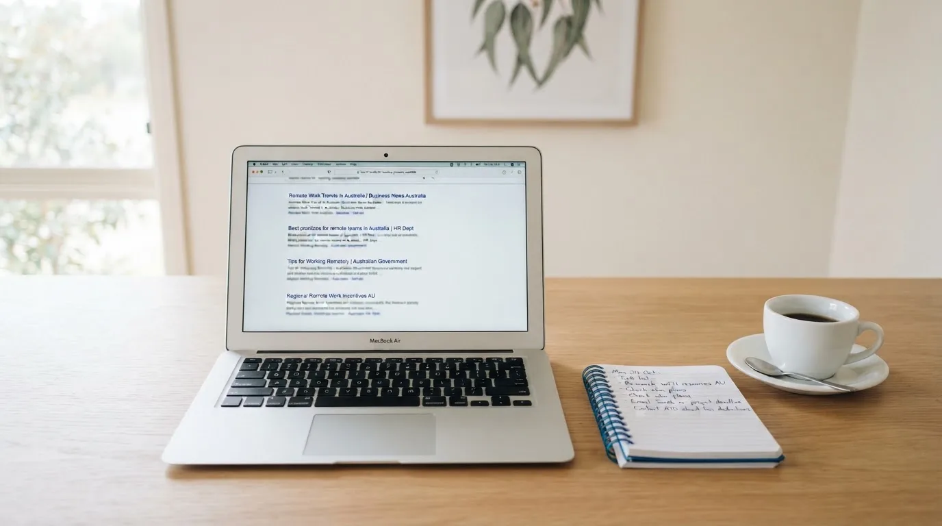 A tidy desk with a laptop open on a plain search-results page, a notebook and a coffee cup beside it, no screens showing any casino branding.