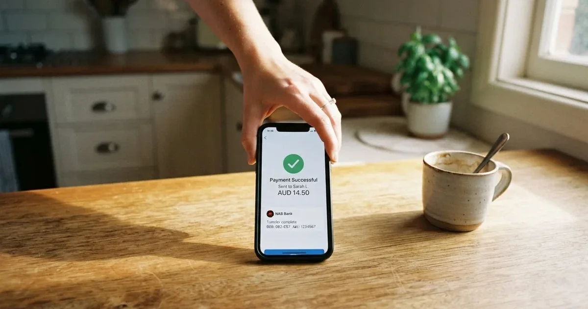 A smartphone screen showing a generic bank-transfer confirmation tick, held over a kitchen table.
