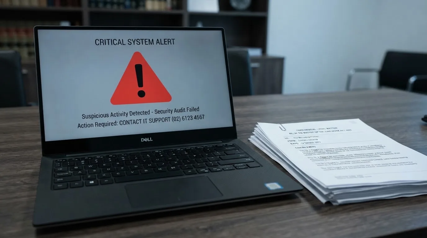 A red triangular warning sign icon on a laptop screen next to a stack of legal papers, symbolising an official caution rather than any specific website.