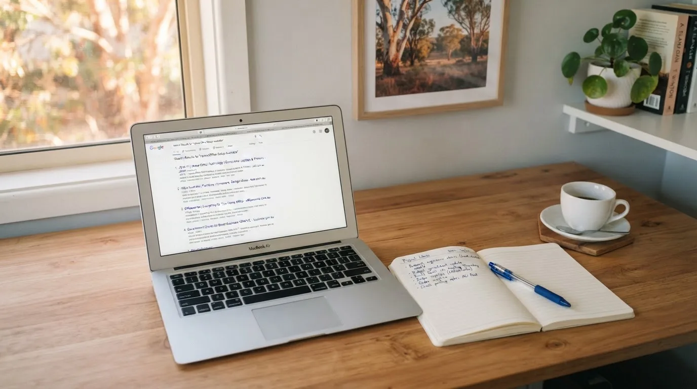 A tidy desk with a laptop open on a plain search-results page, a notebook and a coffee cup beside it, no screens showing any casino branding.