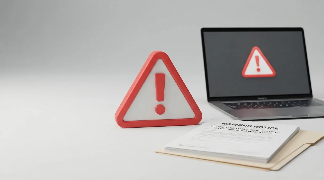 A red triangular warning sign icon on a laptop screen next to a stack of legal papers, symbolising an official caution rather than any specific website.