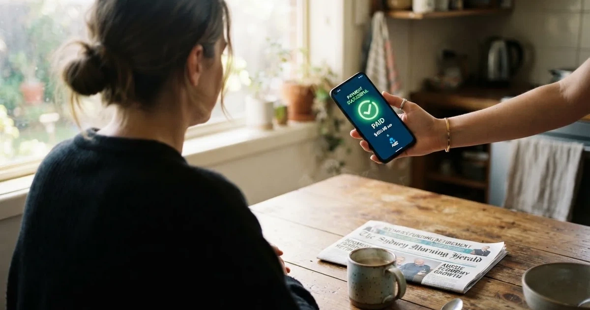 A smartphone screen showing a generic bank-transfer confirmation tick, held over a kitchen table.