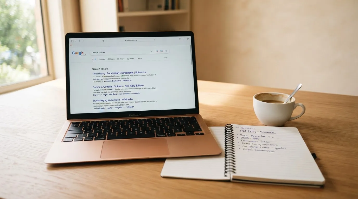 A tidy desk with a laptop open on a plain search-results page, a notebook and a coffee cup beside it, no screens showing any casino branding.