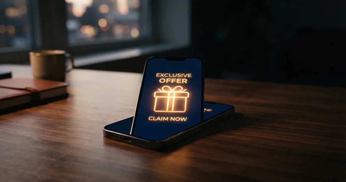 A gift box icon glowing on a phone screen, held at arm's length, suggesting an unopened offer rather than an active game.
