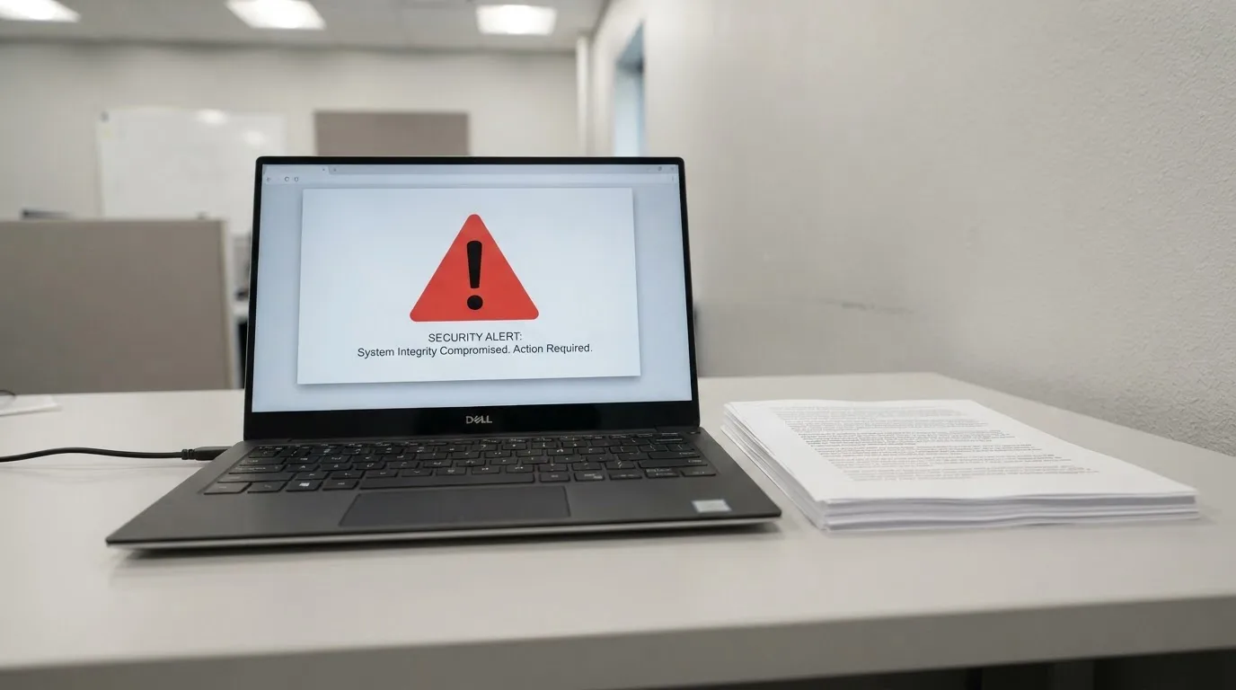 A red triangular warning sign icon on a laptop screen next to a stack of legal papers, symbolising an official caution rather than any specific website.