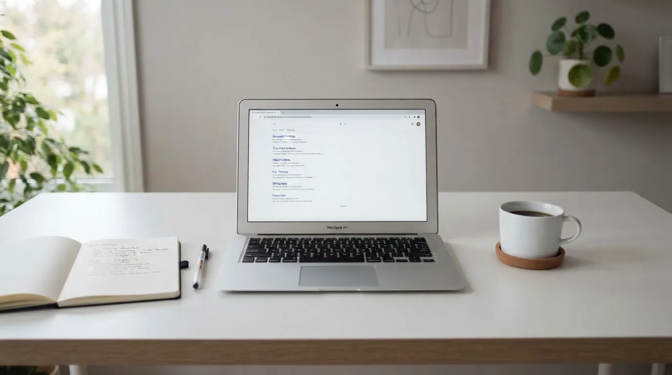 A tidy desk with a laptop open on a plain search-results page, a notebook and a coffee cup beside it, no screens showing any casino branding.