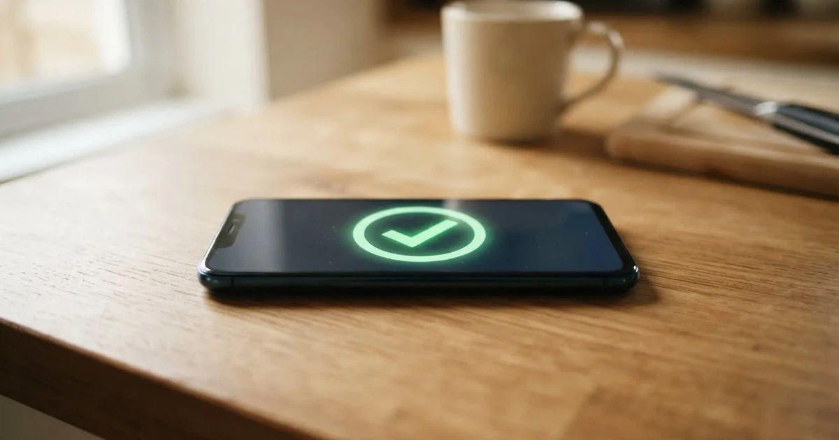 A smartphone screen showing a generic bank-transfer confirmation tick, held over a kitchen table.