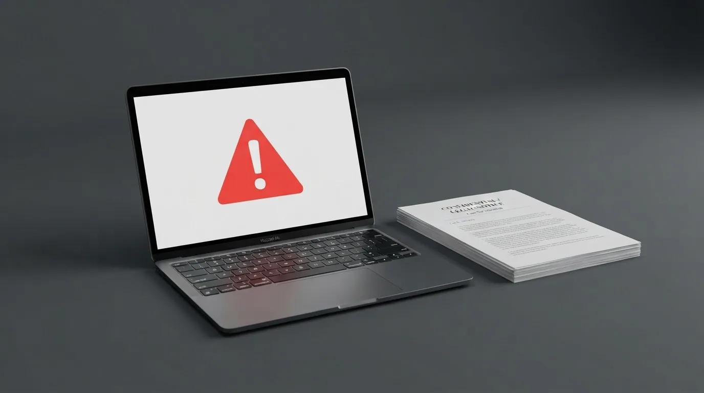 A red triangular warning sign icon on a laptop screen next to a stack of legal papers, symbolising an official caution rather than any specific website.