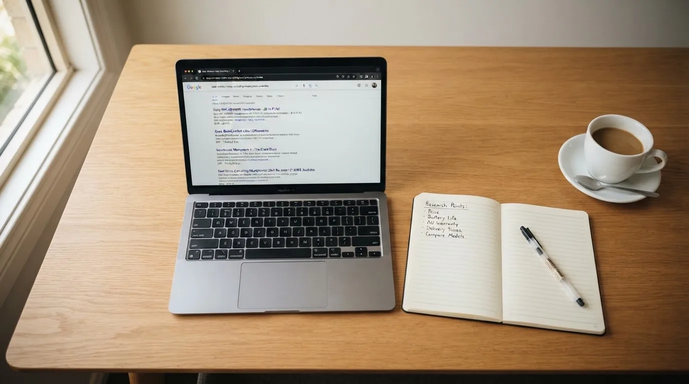 A tidy desk with a laptop open on a plain search-results page, a notebook and a coffee cup beside it, no screens showing any casino branding.