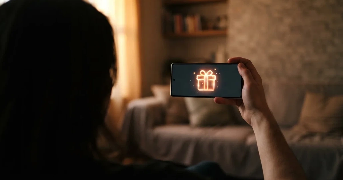 A gift box icon glowing on a phone screen, held at arm's length, suggesting an unopened offer rather than an active game.