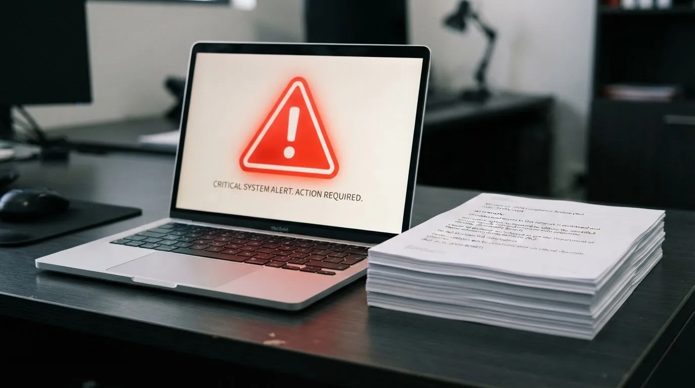 A red triangular warning sign icon on a laptop screen next to a stack of legal papers, symbolising an official caution rather than any specific website.