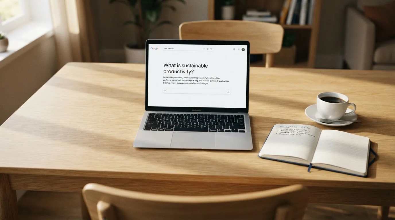 A tidy desk with a laptop open on a plain search-results page, a notebook and a coffee cup beside it, no screens showing any casino branding.