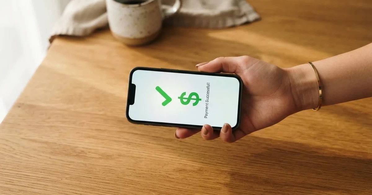 A smartphone screen showing a generic bank-transfer confirmation tick, held over a kitchen table.