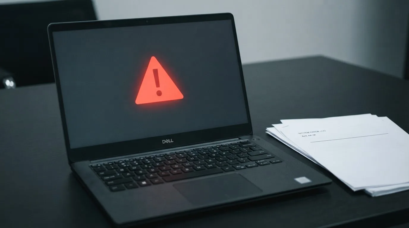 A red triangular warning sign icon on a laptop screen next to a stack of legal papers, symbolising an official caution rather than any specific website.