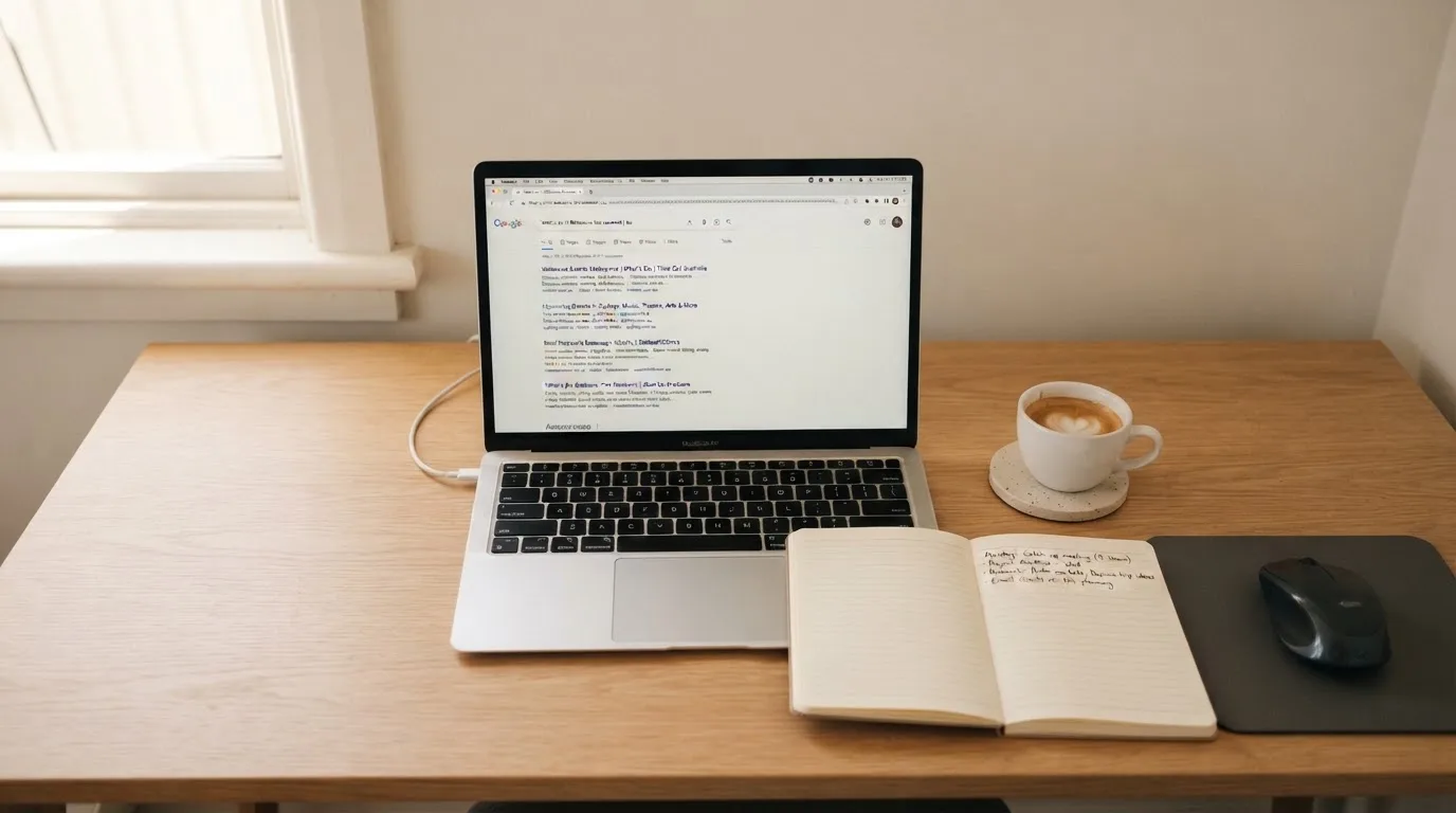 A tidy desk with a laptop open on a plain search-results page, a notebook and a coffee cup beside it, no screens showing any casino branding.