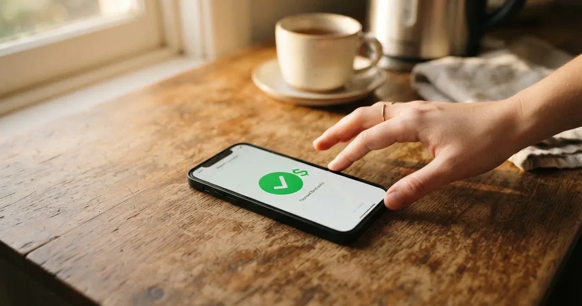 A smartphone screen showing a generic bank-transfer confirmation tick, held over a kitchen table.