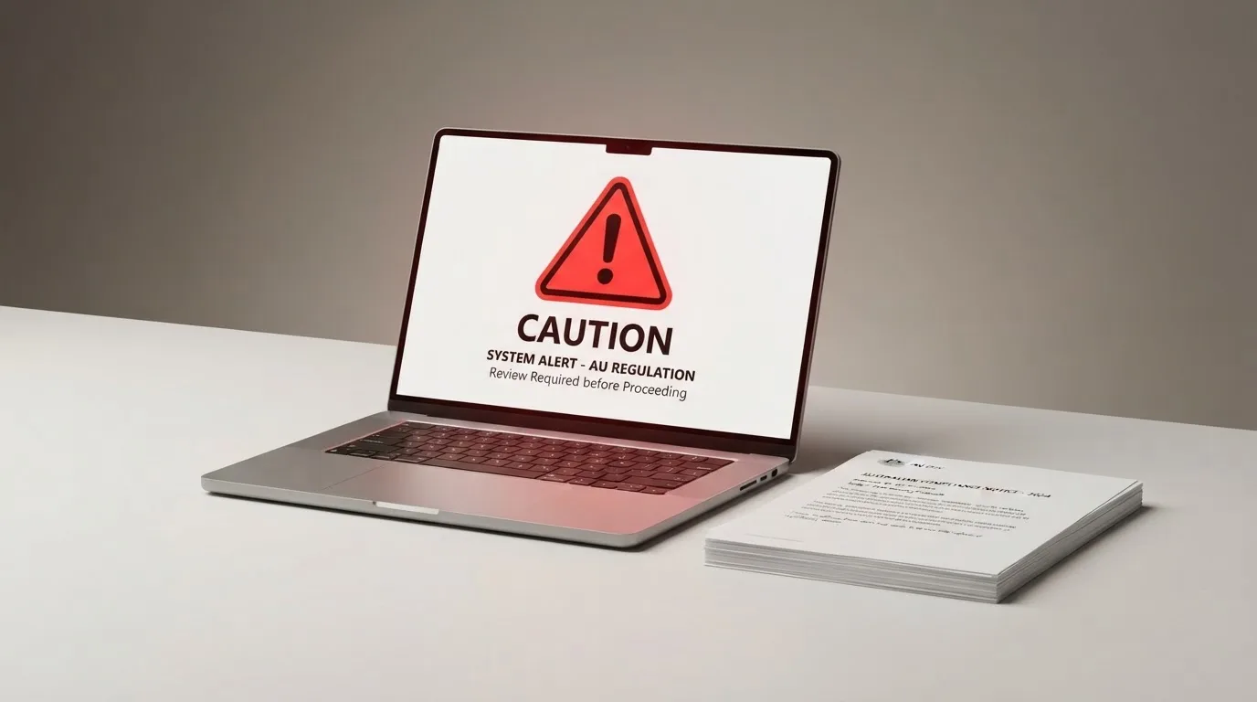 A red triangular warning sign icon on a laptop screen next to a stack of legal papers, symbolising an official caution rather than any specific website.