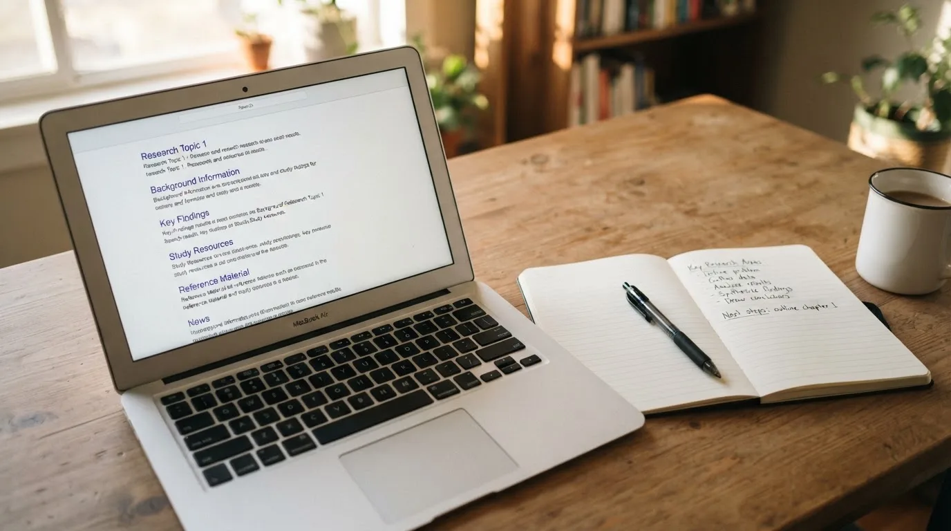 A tidy desk with a laptop open on a plain search-results page, a notebook and a coffee cup beside it, no screens showing any casino branding.