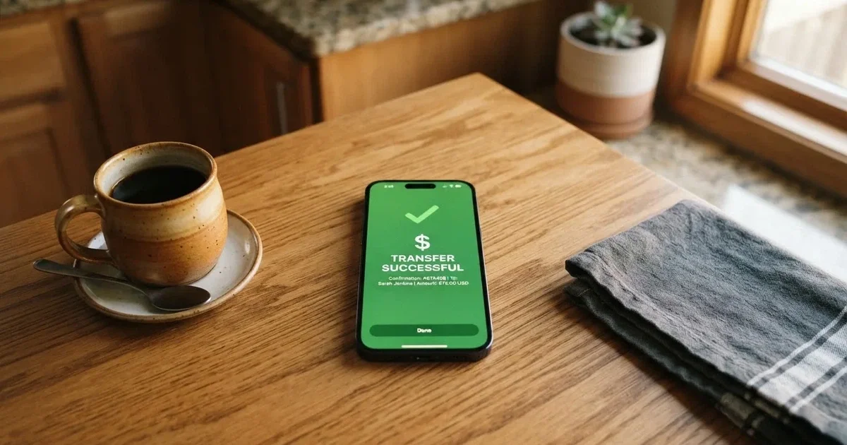 A smartphone screen showing a generic bank-transfer confirmation tick, held over a kitchen table.