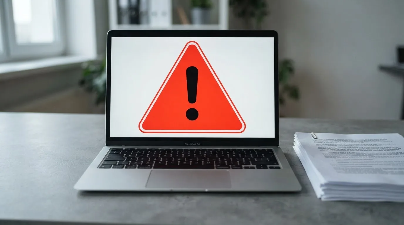 A red triangular warning sign icon on a laptop screen next to a stack of legal papers, symbolising an official caution rather than any specific website.