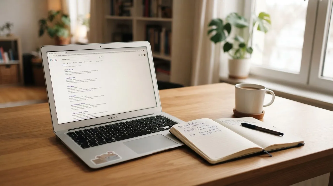 A tidy desk with a laptop open on a plain search-results page, a notebook and a coffee cup beside it, no screens showing any casino branding.