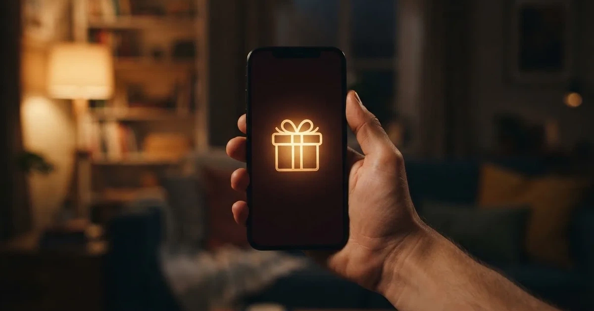 A gift box icon glowing on a phone screen, held at arm's length, suggesting an unopened offer rather than an active game.