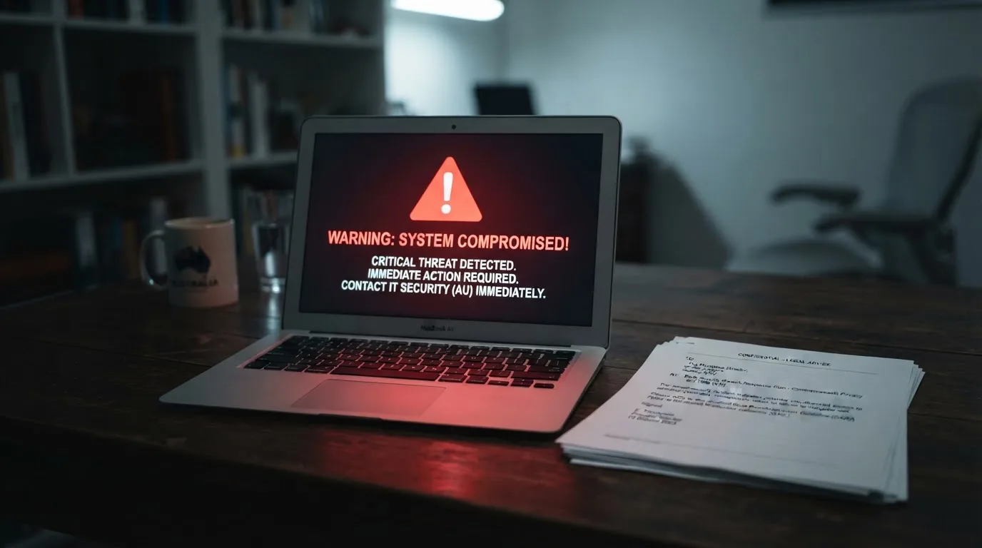 A red triangular warning sign icon on a laptop screen next to a stack of legal papers, symbolising an official caution rather than any specific website.