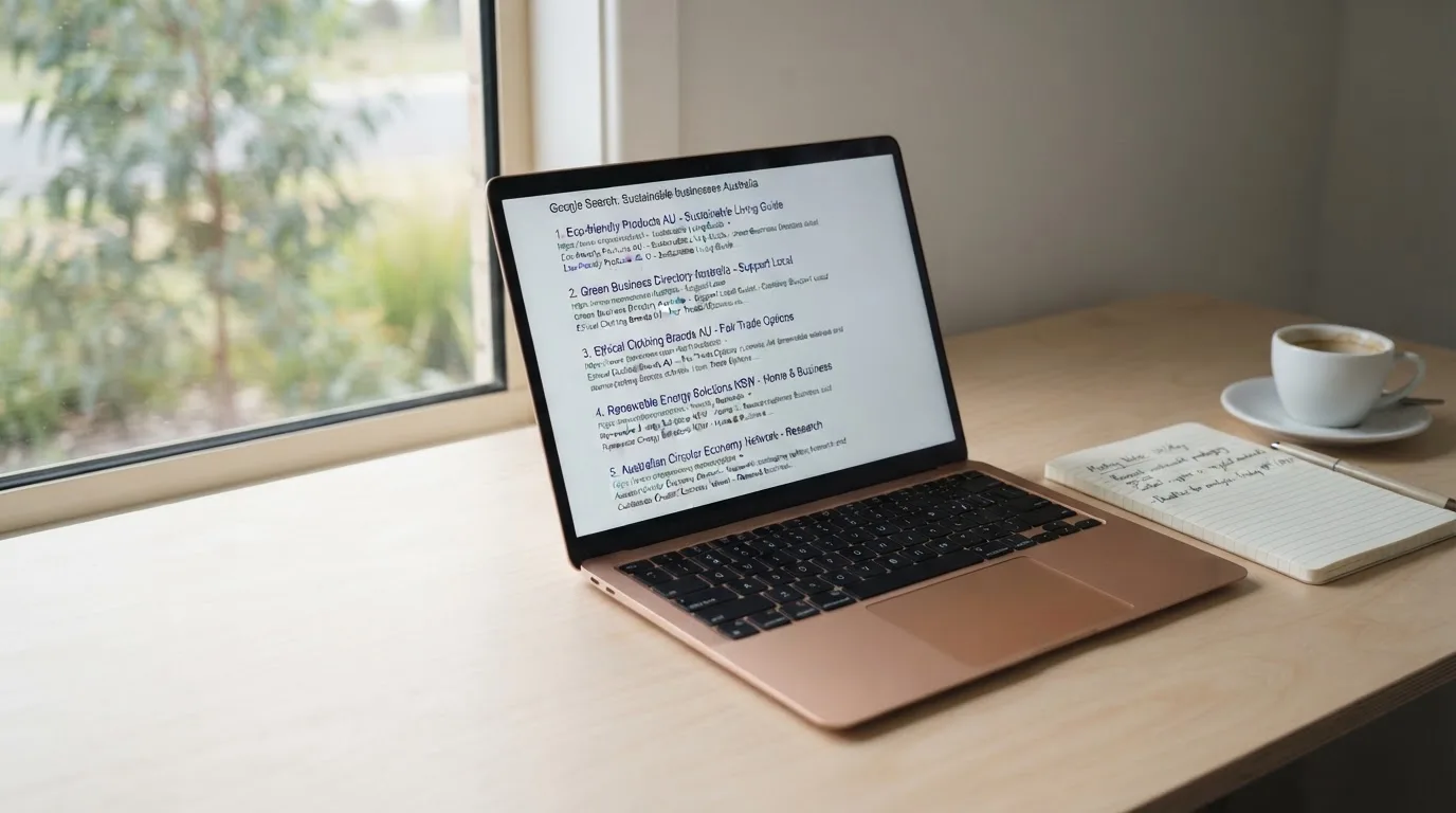 A tidy desk with a laptop open on a plain search-results page, a notebook and a coffee cup beside it, no screens showing any casino branding.