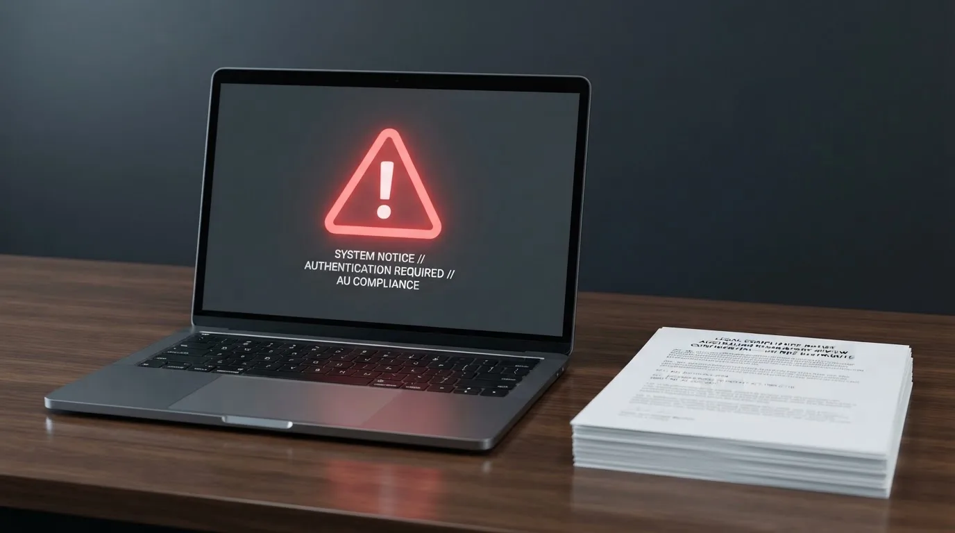 A red triangular warning sign icon on a laptop screen next to a stack of legal papers, symbolising an official caution rather than any specific website.