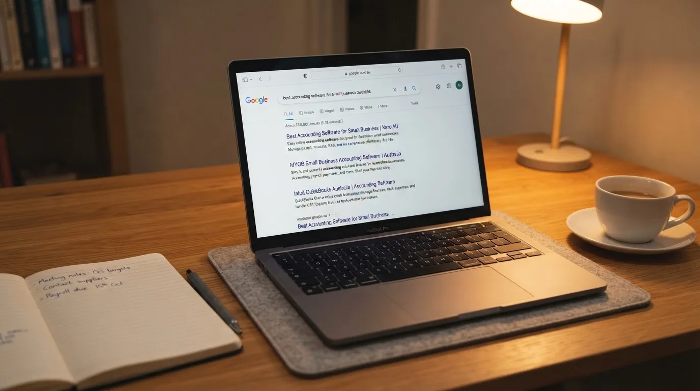 A tidy desk with a laptop open on a plain search-results page, a notebook and a coffee cup beside it, no screens showing any casino branding.