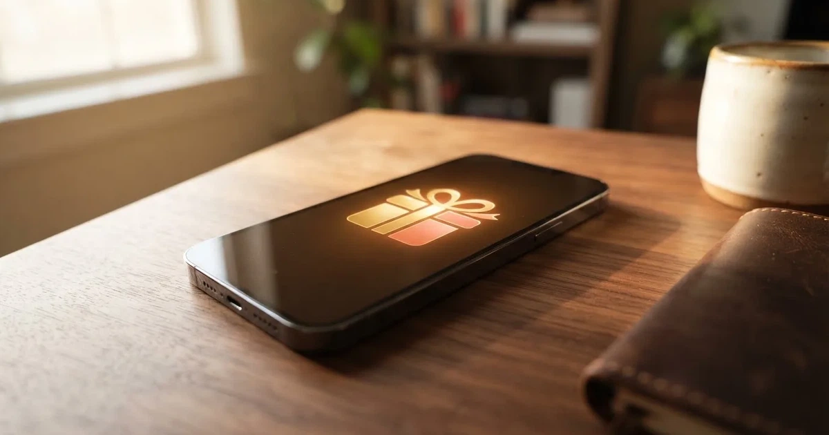 A gift box icon glowing on a phone screen, held at arm's length, suggesting an unopened offer rather than an active game.