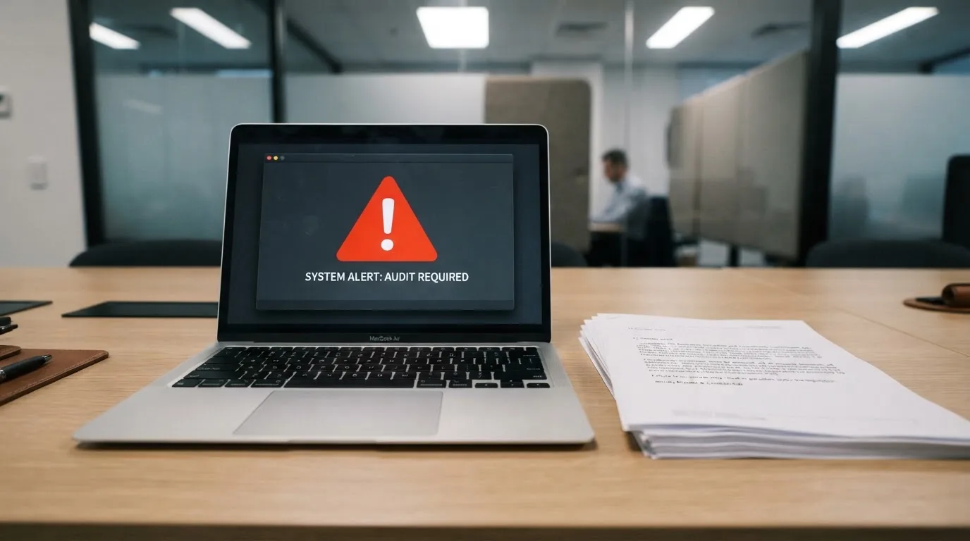 A red triangular warning sign icon on a laptop screen next to a stack of legal papers, symbolising an official caution rather than any specific website.