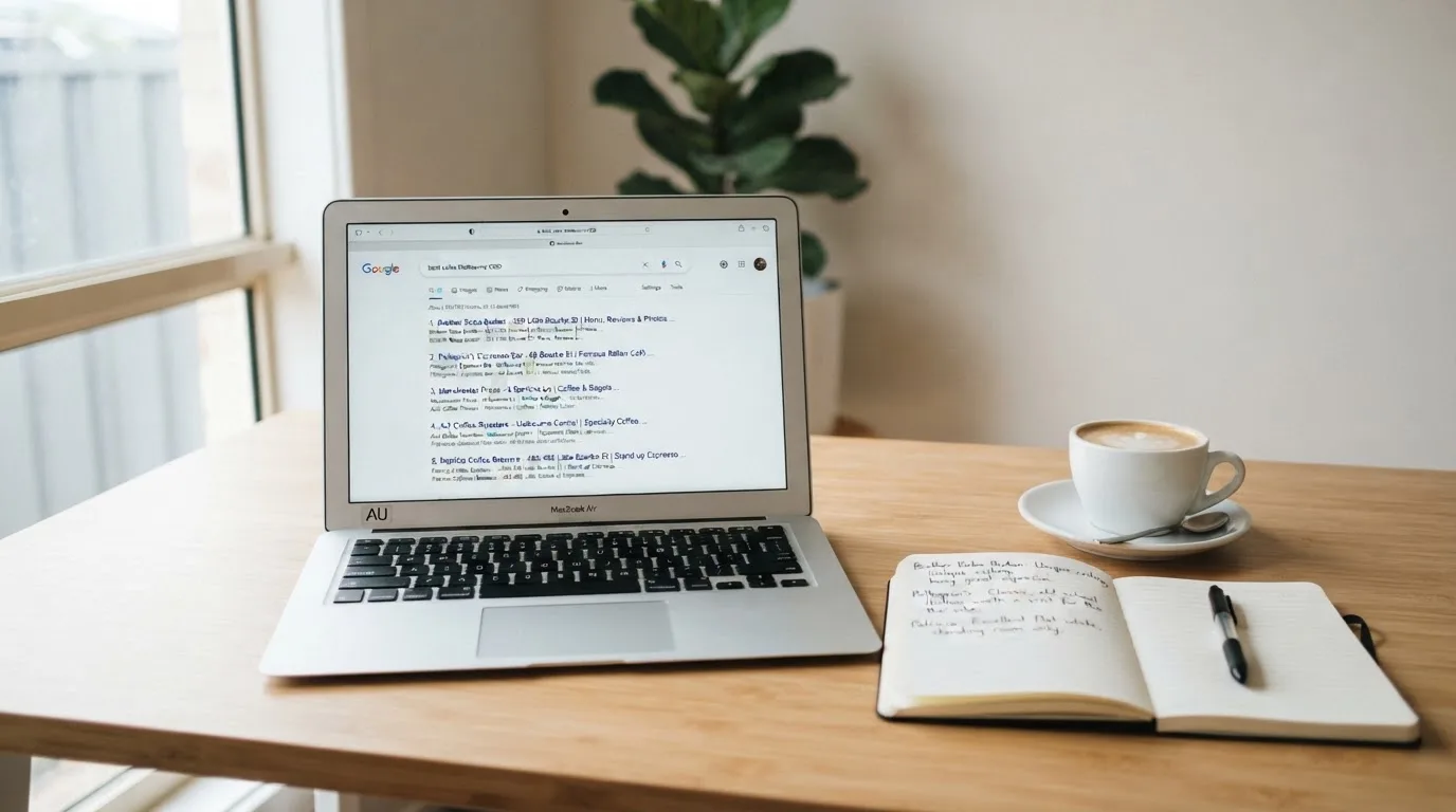 A tidy desk with a laptop open on a plain search-results page, a notebook and a coffee cup beside it, no screens showing any casino branding.