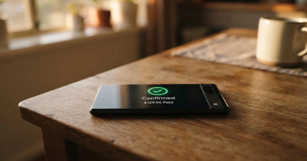 A smartphone screen showing a generic bank-transfer confirmation tick, held over a kitchen table.
