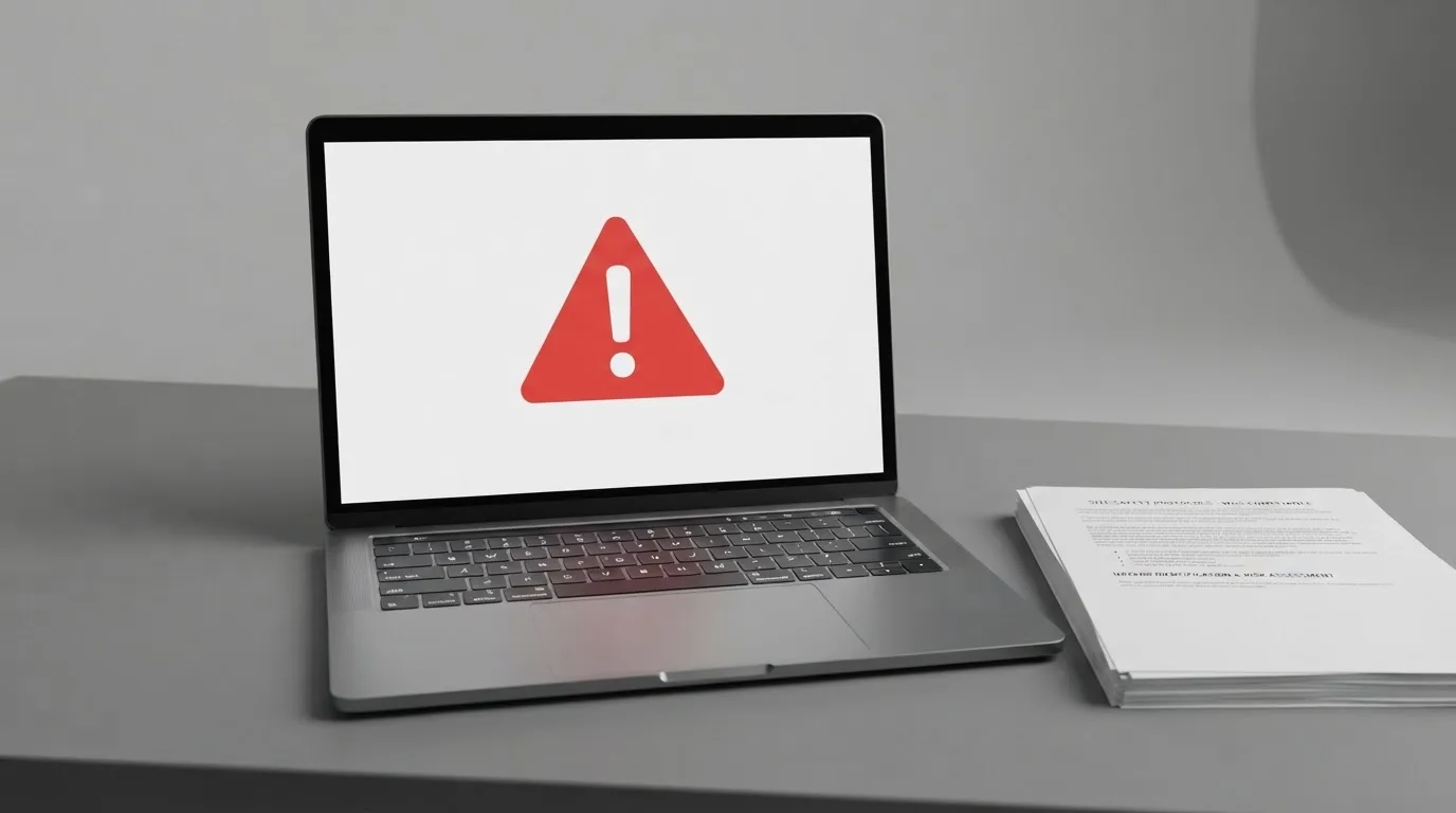 A red triangular warning sign icon on a laptop screen next to a stack of legal papers, symbolising an official caution rather than any specific website.
