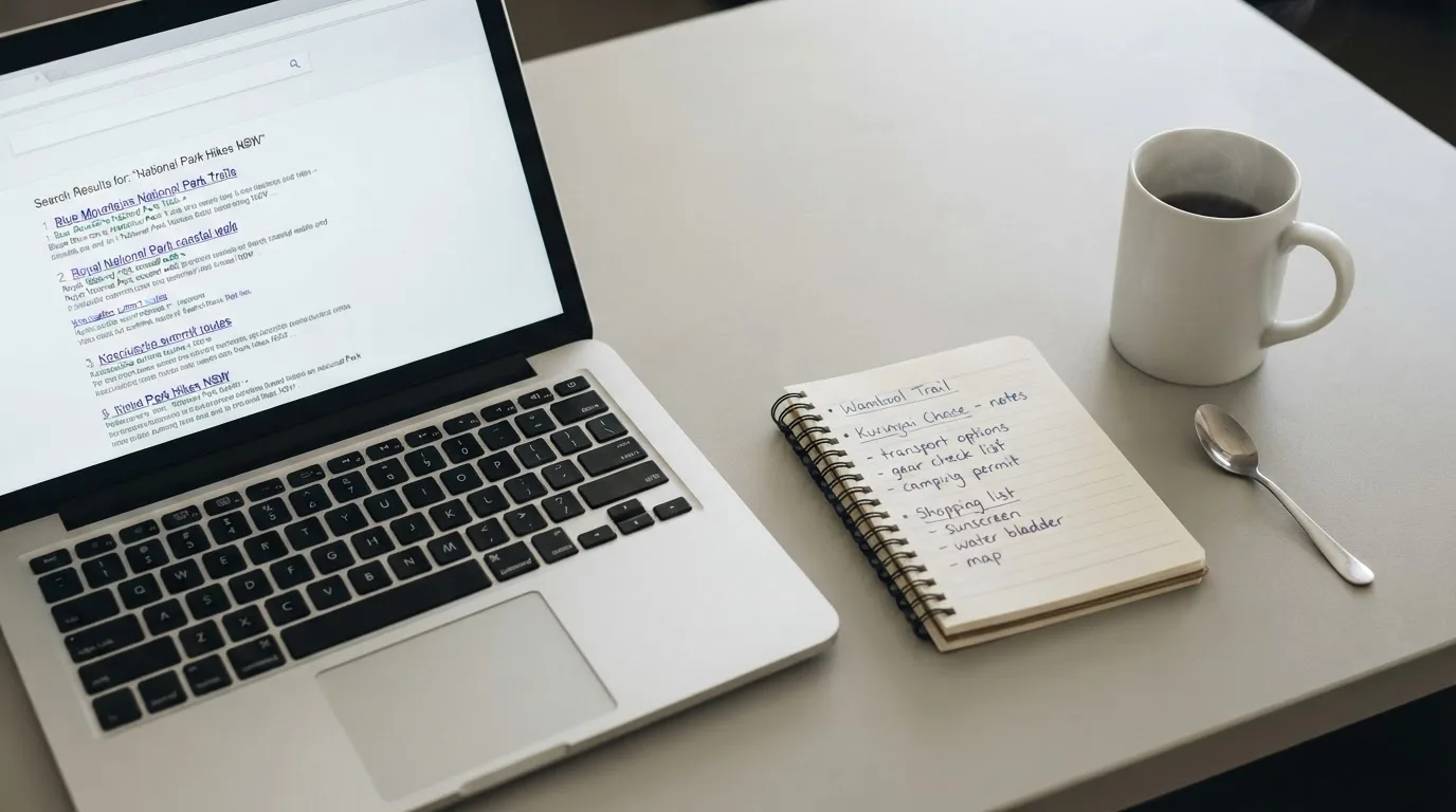A tidy desk with a laptop open on a plain search-results page, a notebook and a coffee cup beside it, no screens showing any casino branding.