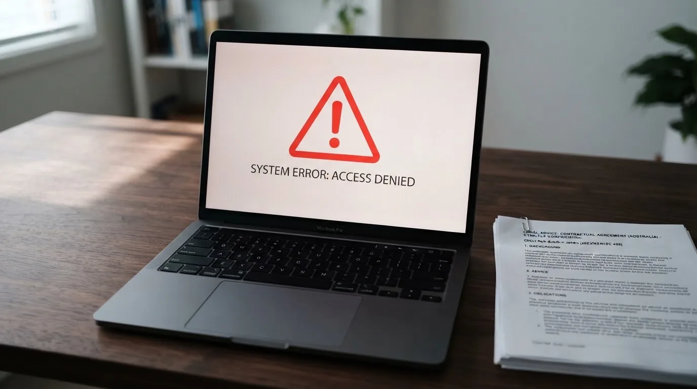 A red triangular warning sign icon on a laptop screen next to a stack of legal papers, symbolising an official caution rather than any specific website.