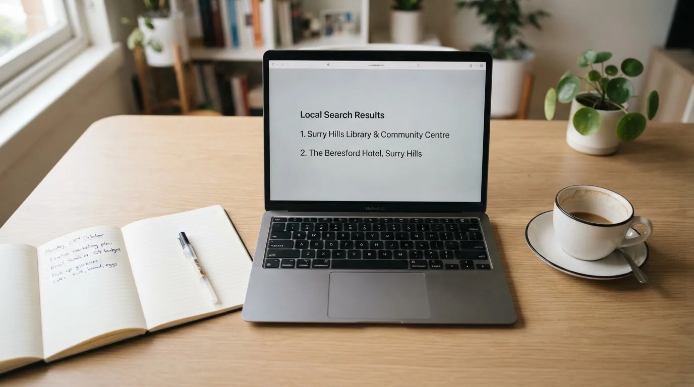 A tidy desk with a laptop open on a plain search-results page, a notebook and a coffee cup beside it, no screens showing any casino branding.