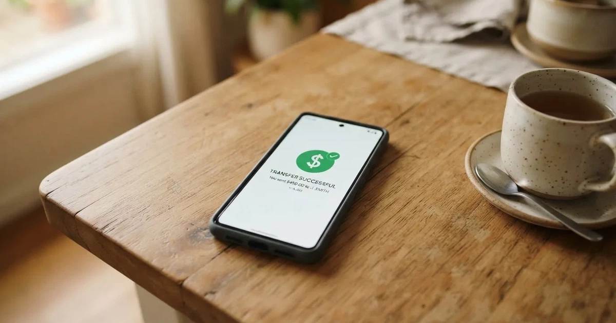 A smartphone screen showing a generic bank-transfer confirmation tick, held over a kitchen table.