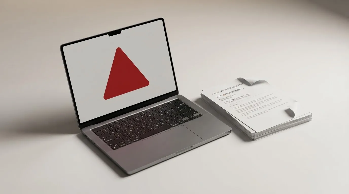 A red triangular warning sign icon on a laptop screen next to a stack of legal papers, symbolising an official caution rather than any specific website.