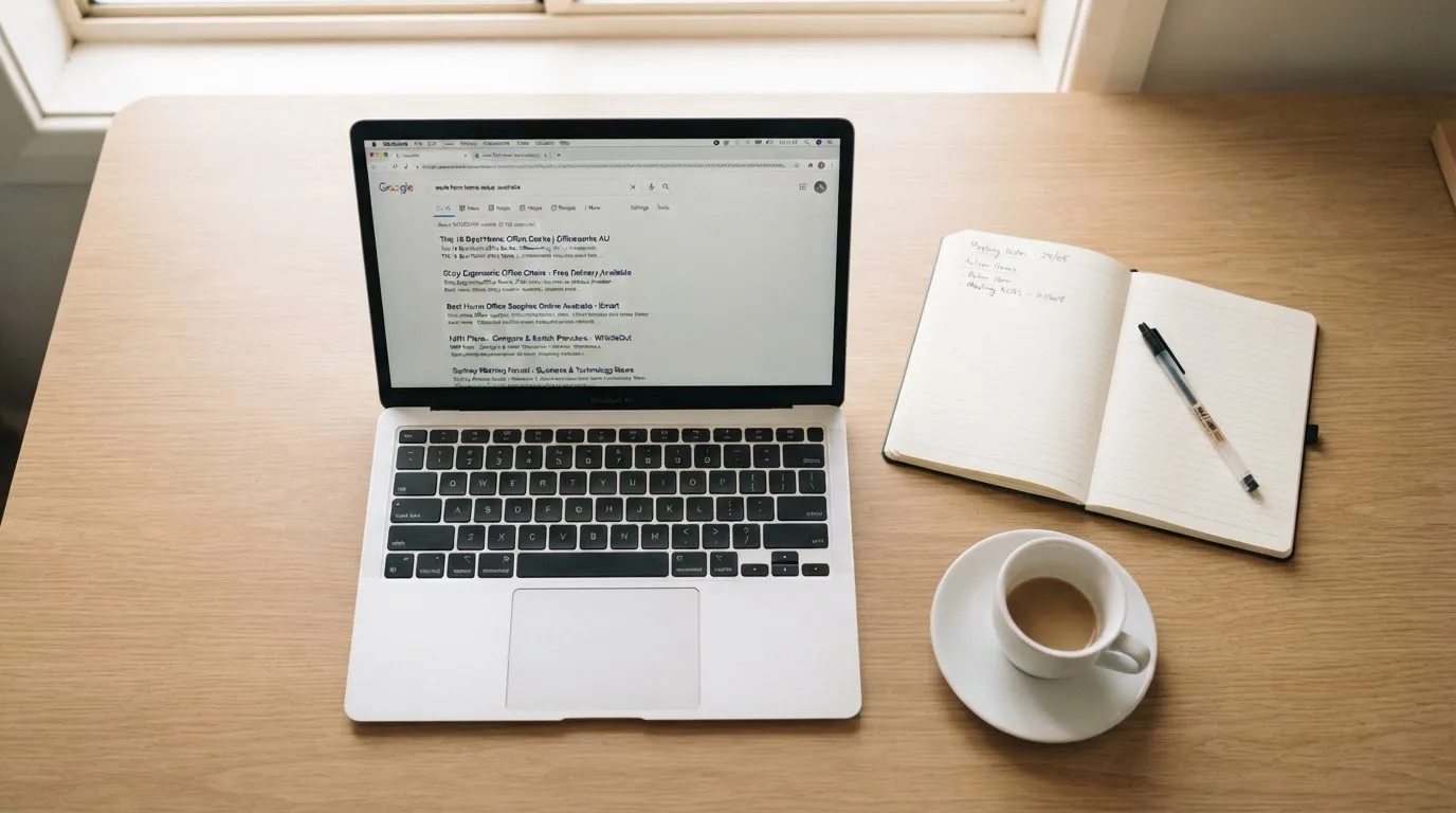 A tidy desk with a laptop open on a plain search-results page, a notebook and a coffee cup beside it, no screens showing any casino branding.