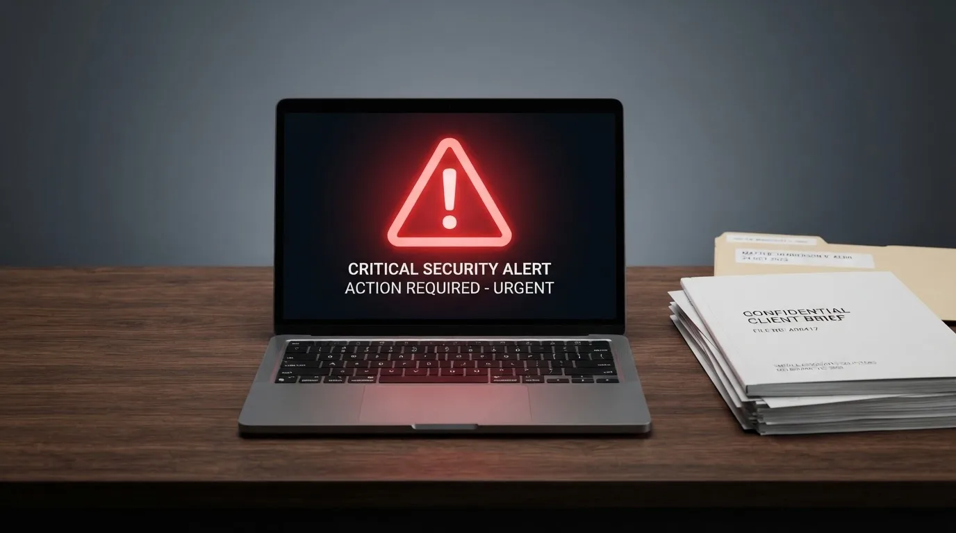 A red triangular warning sign icon on a laptop screen next to a stack of legal papers, symbolising an official caution rather than any specific website.
