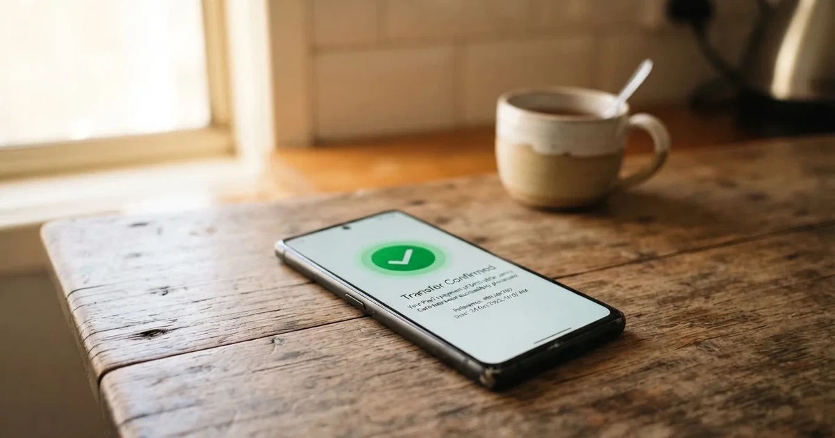 A smartphone screen showing a generic bank-transfer confirmation tick, held over a kitchen table.