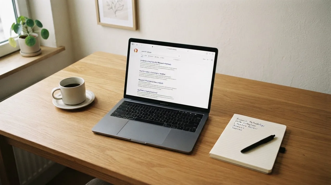 A tidy desk with a laptop open on a plain search-results page, a notebook and a coffee cup beside it, no screens showing any casino branding.